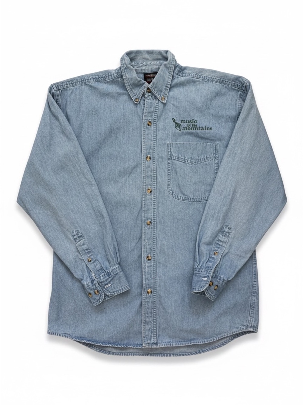 VTG Music In The Mountains Light Blue Denim Tortoise Shell Button Down Size M